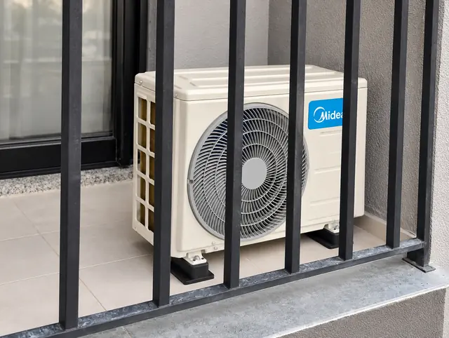 Condensadora Midea instalada em varanda com grade