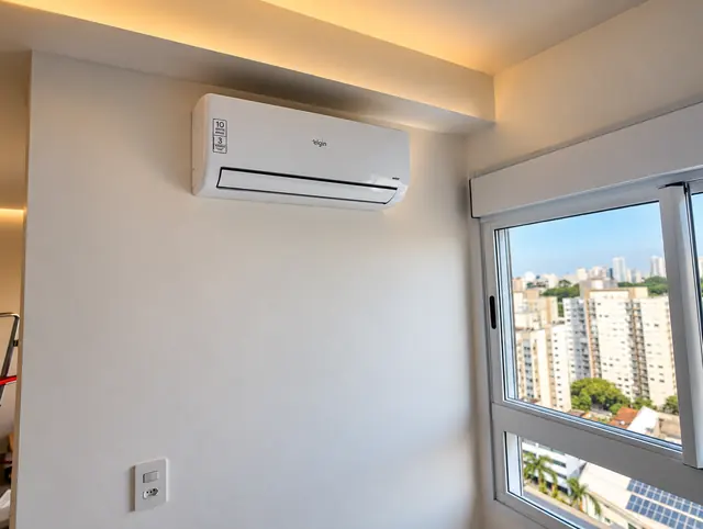 Split instalado na sala com janela e vista da cidade